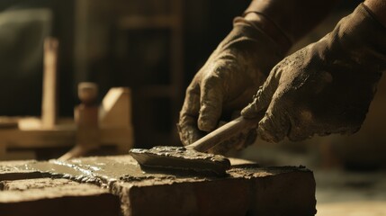Mason using a trowel to apply cement on bricks. Featuring cementing techniques and masonry skills