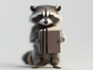 Fototapeta premium An adorable raccoon standing upright holding a bound book against a plain, light background. The raccoon looks directly at the viewer.