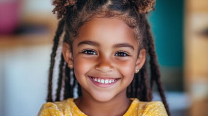 Naklejka premium Smiling girl with curly hair enjoys a moment at home, radiating joy and innocence in a cozy environment