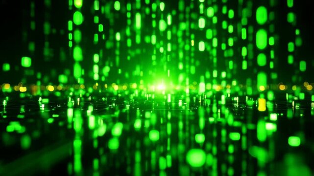 Digital green binary code background with glowing elements  