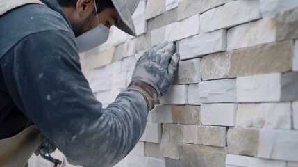 Masonry worker aligning decorative stone tiles on an exterior wall. Featuring craftsmanship and precision