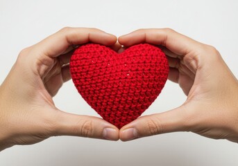 Fototapeta premium Hands holding a red crocheted heart against a white background in a studio setting close up view
