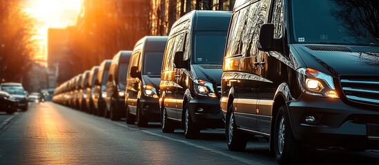 Row of black vans on sunset city street, golden light, long shadows, symmetry, urban calm.