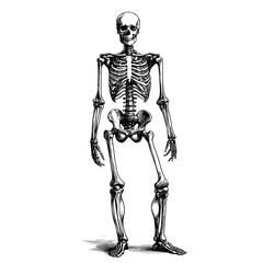 Illustrated human skeleton standing against a white background  