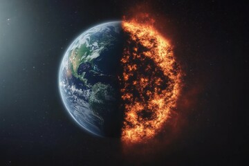 Fototapeta premium Cosmic Catastrophe Earth Divided by Fire and Water - Dramatic Planet Engulfed in Flames and Shadows in Deep Space