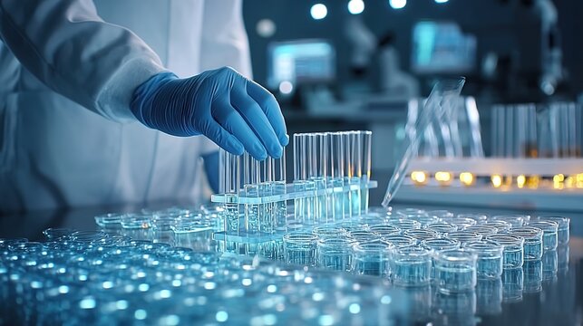 Scientist handling test tubes in lab, blue tones, warm accents, focused on experiment, blurred equipment.