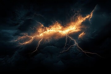 Fiery Lightning Storm Dark Clouds, Orange Bolt Composition, Dramatic Nature Photography, storm, lightning storm photography, electric storm