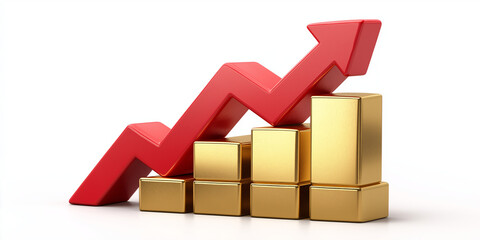 Gold bar chart with red arrow representing financial growth and upward trend
