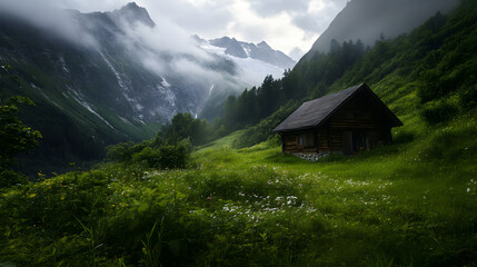 Obraz premium A traditional alpine hut with wooden walls and a sloping roof, set against a backdrop of towering mountains and lush green meadows.
