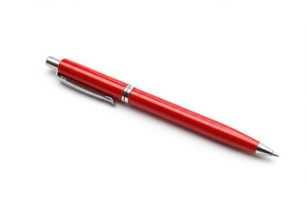 A red metal pen with a silver clip and accents isolated on a plain white surface in a studio setting