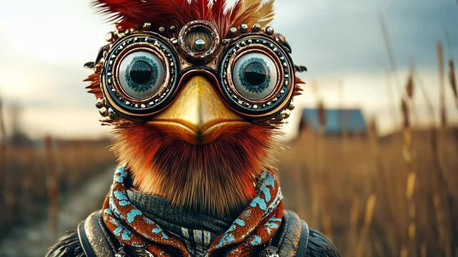 Creepy Cartoon Chicken Monster Woman in Colorful Venetian Masquerade Costume for Halloween Festival