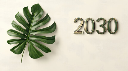 Green monstera leaf with numbers '2030' on light background. Concept of United Nations climate action goal