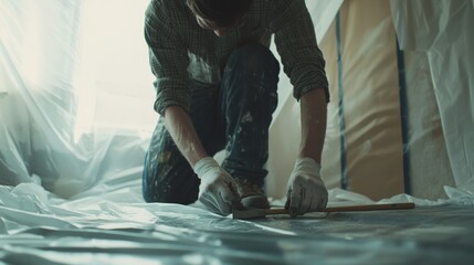Painter preparing a room for painting with tape and drop cloths. Featuring preparation and care