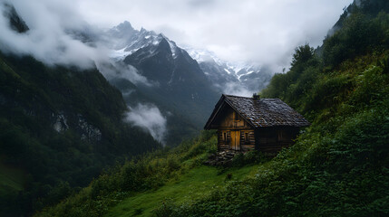 Fototapeta premium A traditional wooden hut with a thatched roof, surrounded by alpine flora and a breathtaking view of the mountain range in the background.
