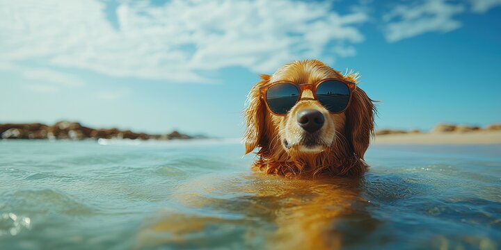 Golden retriever enjoys a sunny day at the beach wearing sunglasses while wading in the water