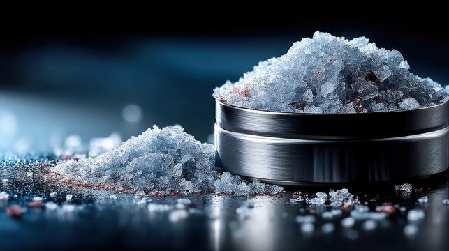 Close-up view of lithium hydroxide flakes in stainless steel container with high contrast