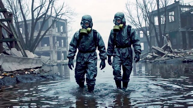 Two men in hazmat suits are walking through flooded city. Around men there is destroyed city and suits protect them from radiation and gas masks protect them from radioactive dust