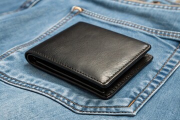 black leather wallet on denim background