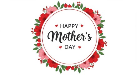 Happy mother's day message in a floral wreath with red and pink flowers on a white background