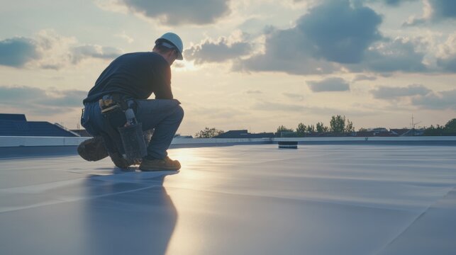 Roofing worker applying roof sealant on a flat roof. Featuring careful application and weather protection