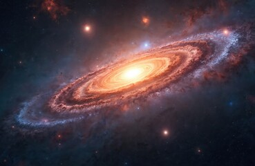 Illustration of spiral galaxy with bright core, stars and nebulas. Cosmic beauty of deep space, universe view. Science fiction, fantasy and astronomy themes. Space art digital painting for wallpaper.