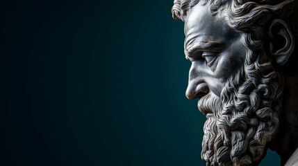Detailed Profile View of Bronze Statue Face with Intricate Beard on Dark Blue Background
