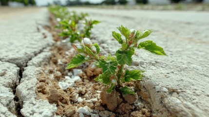 Cotton sprouts emerge from dry farmland with deep soil cracks in Southern USA