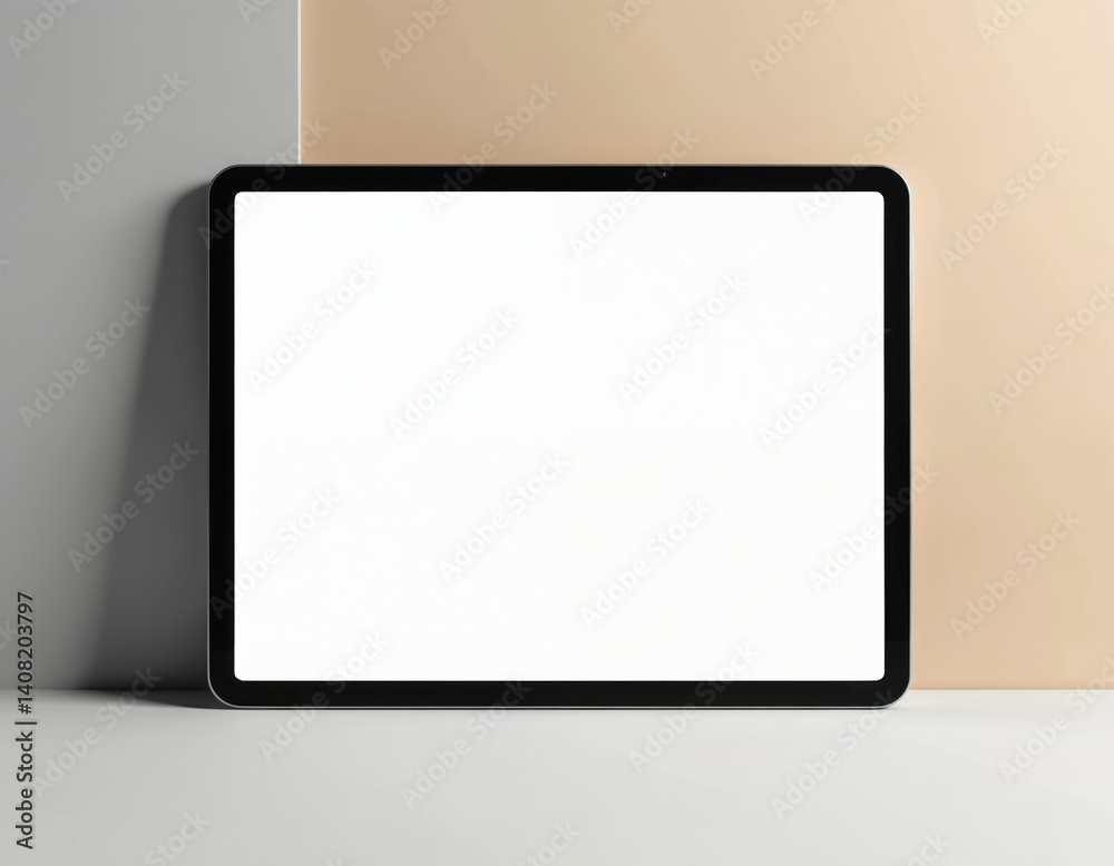 Poster Modern tablet mockup with blank white screen on minimal background. Tablet computer, digital device mockup. Empty display for app, web site, branding presentation or design.