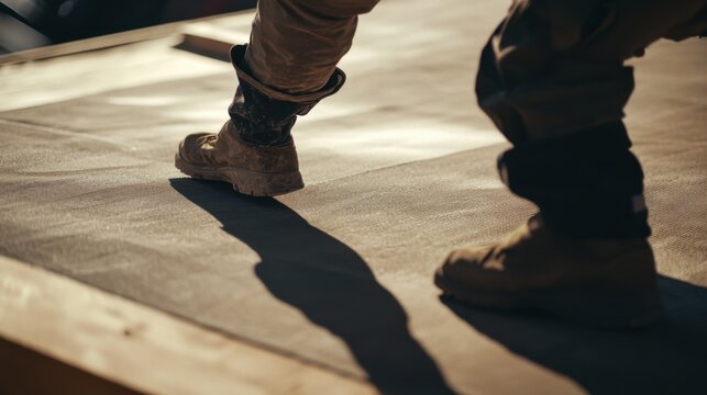 Hispanic roofer installing underlayment on a pitched roof. Featuring roof installation and protection
