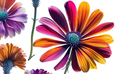 Vibrant Colorful Coneflowers Botanical Display On White Background Summer Floral Design