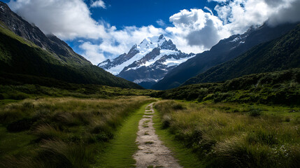 A tranquil hiking trail through a serene alpine valley with snow-capped mountains in the background.
