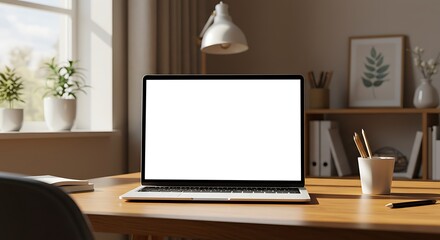 Fototapeta premium Serene Home Office: Laptop Mockup with Sunlight AI Generated