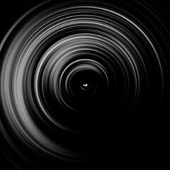 Black and white radial motion effect. Abstract rounded background. Grayscale curves and sphere.