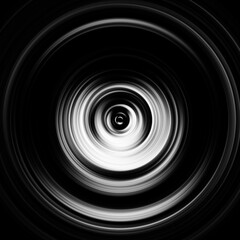 Black and white radial motion effect. Abstract rounded background. Grayscale curves and sphere.