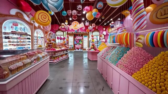 A candy store with pink walls and pink counters. The candy is displayed in a variety of colors and shapes