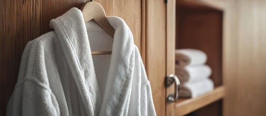 This image shows a white bathrobe on a wooden hanger with neatly folded towels in a wooden cabinet. It suits hotel/spa promotions, home décor, or textile ads, symbolizing cleanliness, comfort