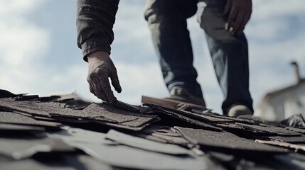 Hispanic roofer removing damaged shingles from a roof. Featuring roof repair and maintenance