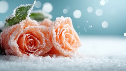 This image portrays lovely pink roses dusted with frost and arranged on a snowy background, encapsulating the beauty of nature's contrasts and the essence of love.