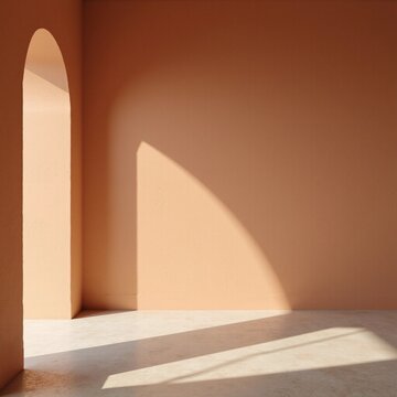 empty room orange wall terracotta stucco blank space arch decor architecture design sunlight shadows tropical building background backdrop scene blank surface floor neutral minimalist aesthetic 