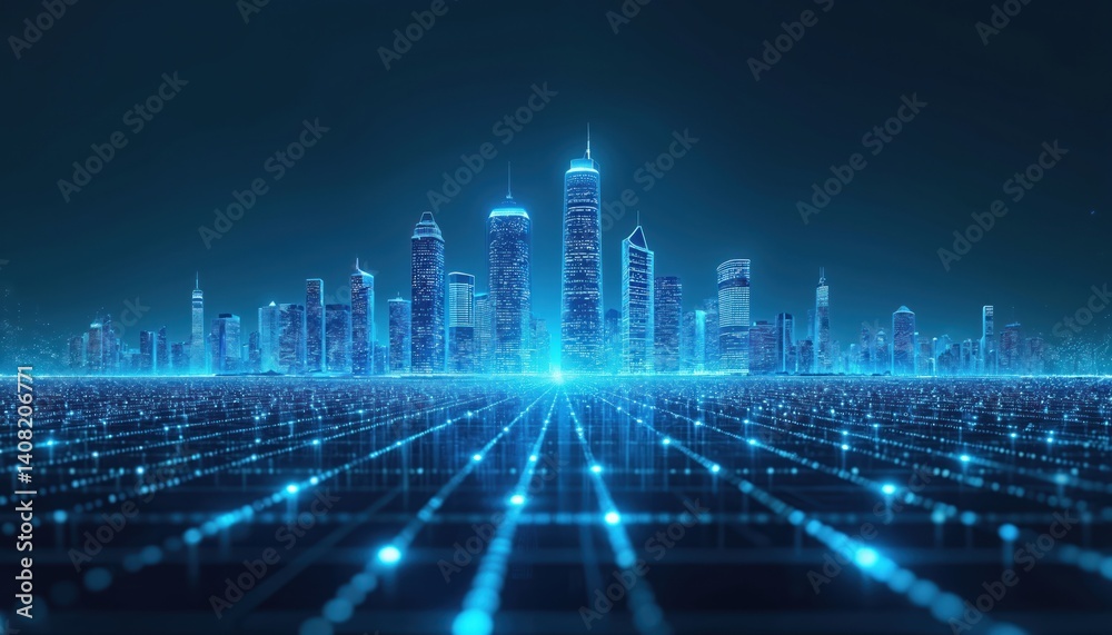 Poster futuristic digital smart city concept with skyscrapers buildings. tech innovation high-tech network.