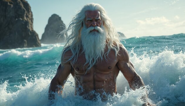 Strong Poseidon god of sea stands in ocean waves. The powerful mythical character with long white hair beard, muscular body in seawater. Ancient greek mythology, legend and fantasy artwork.