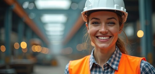 Smiling woman engineer in safety gear, orange vest, white helmet at construction site. Confident worker, International Women Day concept. Workforce diversity, business empowerment, workplace equality.