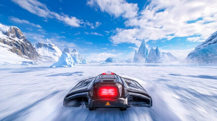 Hovercraft navigating through a frozen landscape, first person view