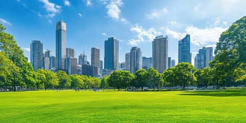 Fototapeta premium Urban Oasis: Skyscrapers and Lush Greenery