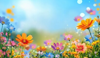 Obraz premium Vibrant Spring Meadow Colorful Cosmos and Flowers, Soft Focus, Sunny Day, Floral Background, Nature Photography Keywords Spring Flowers, Floral Wallpaper