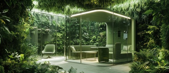 Fototapeta premium Serene Green Office Pod Immersed in Lush Greenery