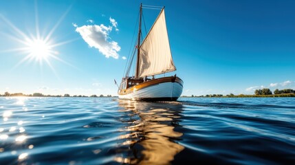 Fototapeta premium A classic yacht glides gracefully across the shimmering waters under a bright sky, capturing the essence of luxury and leisure on a splendid day at sea.