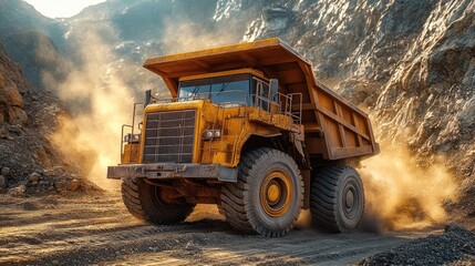Obraz premium A large yellow mining truck transporting earth in a rocky landscape