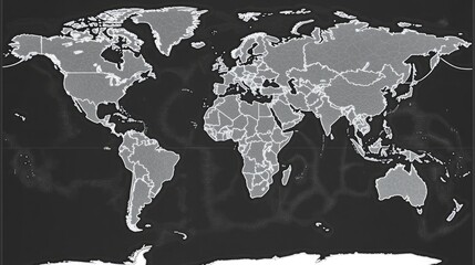 A detailed black-and-white world map featuring solid gray landmasses and crisp white oceans. The country borders are finely drawn with thin white lines