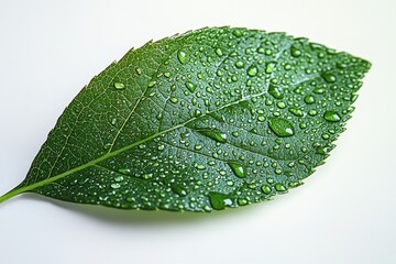 Fresh green leaf with dew drops on white background: nature's tranquil beauty explored